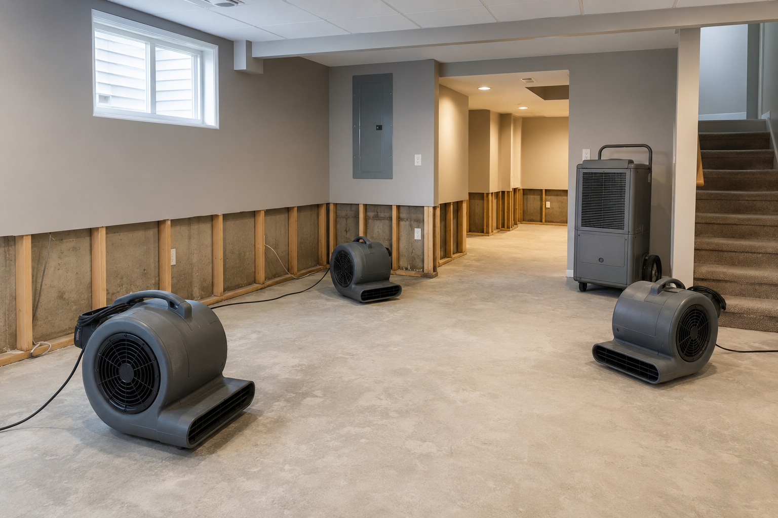 Professional water damage mitigation setup with drying equipment