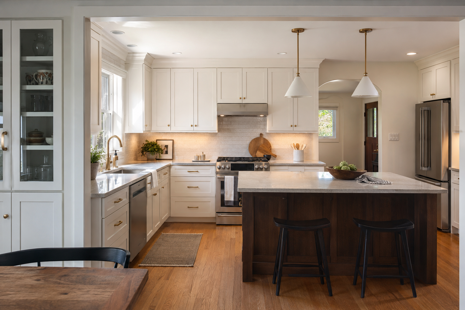 Completed kitchen renovation with warm cabinetry and stone counters